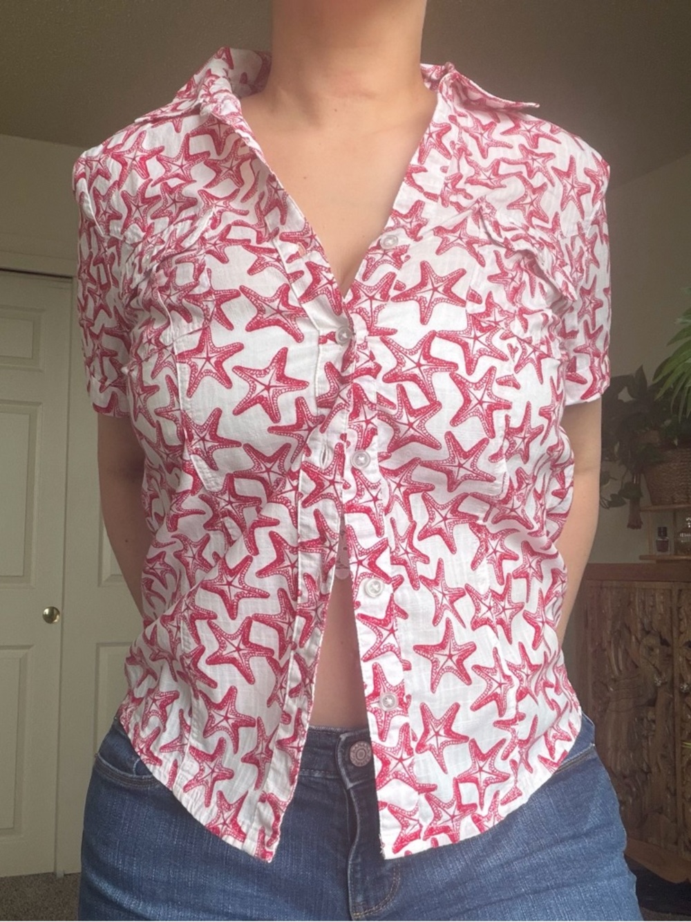 Karen Scott White Short-Sleeve Button-Down with Red Starfish Print